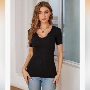 Black V-Neck Short Sleeve Top